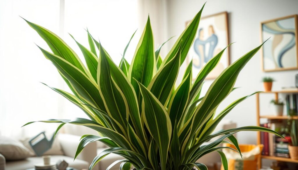 A lush, vibrant Dracaena plant in a stylish, modern living room setting, showcasing its glossy, lance-shaped leaves with rich green and creamy white variegation. In the foreground, a well-tended Dracaena is placed elegantly in a decorative pot, with a watering can and soil bag nearby, emphasizing plant care essentials. In the middle ground, a bright window allows soft, natural light to filter through sheer curtains, illuminating the plant and creating a warm atmosphere. The background features a cozy abstract artwork and a small bookshelf filled with gardening books, enhancing the nurturing home environment. The overall mood is tranquil and inviting, highlighting the Dracaena as both a beautiful and practical air-purifying addition to any space.