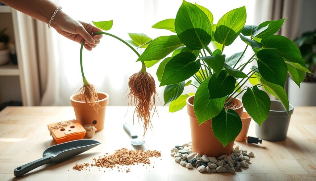 A neatly arranged indoor scene illustrating the repotting process of an Umbrella Plant (Schefflera Arboricola). In the foreground, a close-up of a person in modest casual attire is gently lifting the plant from its container, showcasing healthy roots. To the side, there are gardening tools like a trowel and a pot filled with fresh potting mix. In the middle, a larger pot with drainage holes is ready for the plant, surrounded by small decorative stones. The background includes a bright window with soft, natural light streaming in, illuminating the vibrant green leaves of the Schefflera. The atmosphere is calm and inviting, evoking a sense of care and nurturing for indoor gardening. The composition is shot from a slightly elevated angle to capture both the plant and the tools effectively.
