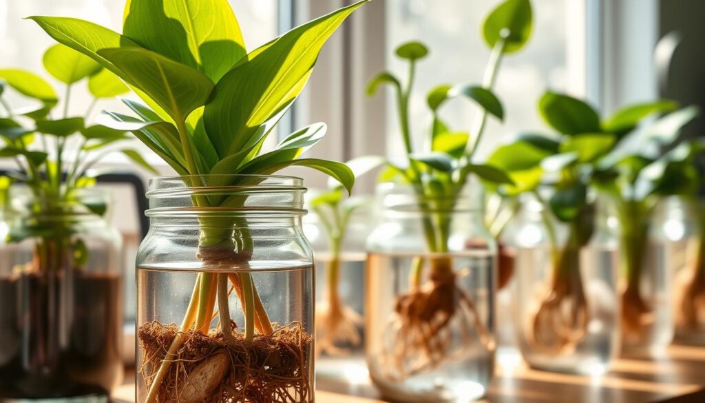A serene indoor garden setting showcasing various common houseplants propagating in clear glass jars filled with water. In the foreground, a healthy Snake Plant cutting with vibrant green leaves, its roots visible, thriving in one jar. In the middle ground, several other easy-to-propagate plants such as Pothos and Spider Plants in similar jars, each with distinct root systems emerging from the water. The background features a soft-focus of sunlight streaming through a window, creating a warm and inviting atmosphere. The lighting is bright and natural, emphasizing the clarity of the water and the freshness of the plants. The composition conveys a peaceful, educational mood, illustrating the beauty of successful water propagation while subtly hinting at common mistakes to avoid.
