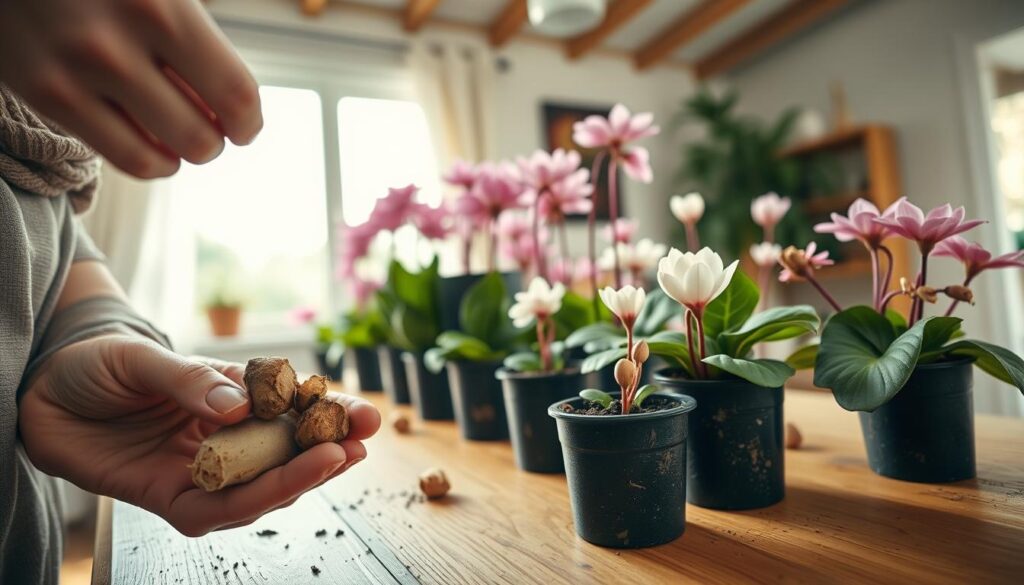 A serene indoor gardening scene focused on cyclamen propagation techniques during repotting. In the foreground, a hands-on view shows a gardener, wearing a modest casual outfit, gently separating cyclamen tubers with care. The middle section features several small pots filled with rich potting soil, some freshly divided tubers nestled in, while others are being planted. In the background, a bright window filters soft, natural light, highlighting the vibrant pink and white blooming cyclamen in various stages of growth on a sturdy wooden table. The atmosphere is calm and nurturing, evoking a sense of tranquility and connection with nature. The shot is taken at eye level with a slightly blurred background, emphasizing the gardener's careful movement and dedication.