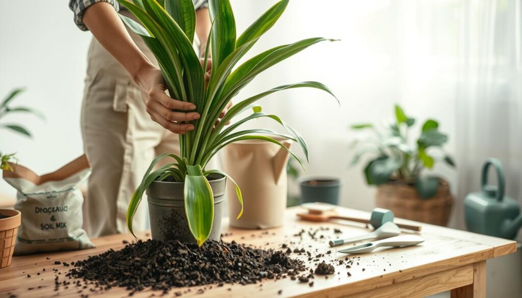 A serene indoor setting depicting the repotting process of a Dracaena plant. In the foreground, a healthy Dracaena with lush, green leaves is being carefully removed from its old pot by a person wearing modest casual clothing, showcasing proper hand technique. The middle-ground features a wooden potting table scattered with potting soil, a bag labeled "Dracaena Soil Mix," and various gardening tools like a trowel and watering can. The background shows soft, diffused natural light filtering through a nearby window, illuminating the space. The mood is calm and nurturing, emphasizing a connection with nature. Capture this scene from a slightly elevated angle to highlight the plant and the potting process, inviting viewers into the caring atmosphere of potting.