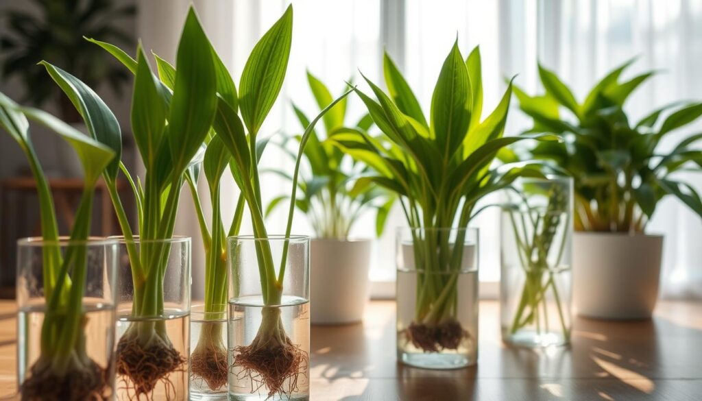 A serene indoor setting showcasing optimal growing conditions for Dracaena propagation. In the foreground, several healthy Dracaena stem cuttings are placed in clear glass vases filled with fresh water, highlighting the root development. The middle ground features a lush, well-lit arrangement of potted Dracaena plants, with vibrant green leaves glistening under soft, natural light. The background is a light-filled window with sheer curtains, allowing gentle sunlight to illuminate the space and create a warm, inviting atmosphere. The scene captures the essence of a nurturing environment, emphasizing humidity and care, with a focus on the clarity of the water and the vitality of the plants, all presented with a soft depth of field. A serene indoor setting showcasing optimal growing conditions for Dracaena propagation. In the foreground, several healthy Dracaena stem cuttings are placed in clear glass vases filled with fresh water, highlighting the root development. The middle ground features a lush, well-lit arrangement of potted Dracaena plants, with vibrant green leaves glistening under soft, natural light. The background is a light-filled window with sheer curtains, allowing gentle sunlight to illuminate the space and create a warm, inviting atmosphere. The scene captures the essence of a nurturing environment, emphasizing humidity and care, with a focus on the clarity of the water and the vitality of the plants, all presented with a soft depth of field.