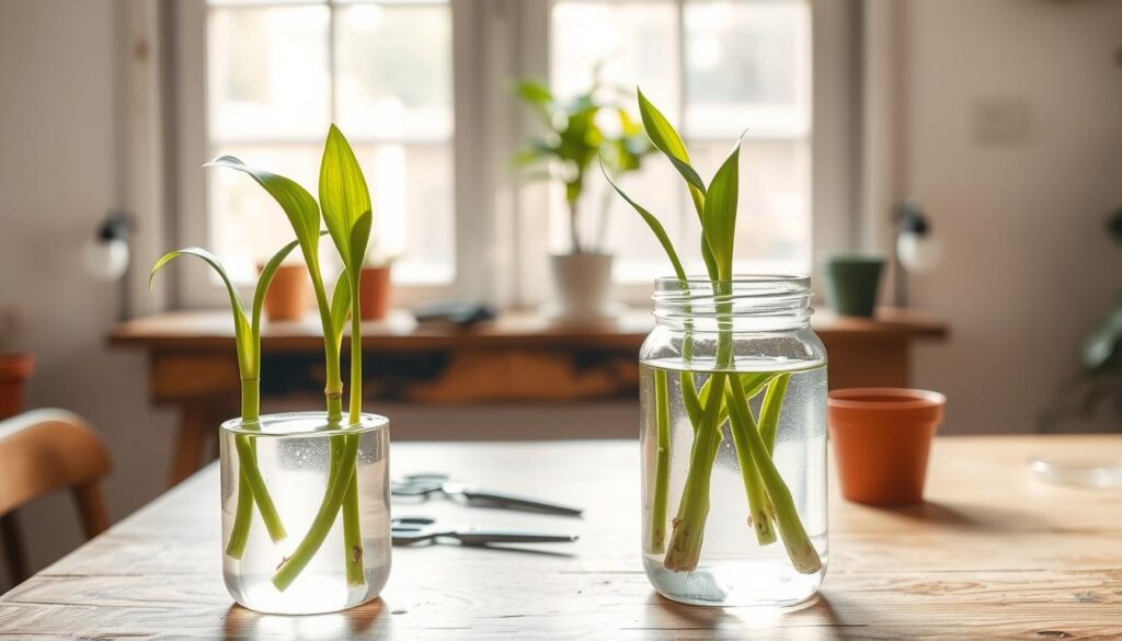 A serene indoor setting showcasing the water propagation method for Dracaena cuttings. In the foreground, a clear glass jar filled with fresh water holds several healthy Dracaena stem cuttings, their vibrant green leaves sprouting above the waterline. The cuttings are positioned at varying heights to illustrate growth stages. In the middle ground, a rustic wooden table is adorned with gardening tools, such as scissors and a small soil pot, suggesting preparation for future planting. The background features a softly lit window with gentle sunlight filtering through, casting warm highlights on the scene. The atmosphere is calm and nurturing, evoking a sense of growth and patience in plant propagation, captured with a soft focus effect for a dreamy quality. A serene indoor setting showcasing the water propagation method for Dracaena cuttings. In the foreground, a clear glass jar filled with fresh water holds several healthy Dracaena stem cuttings, their vibrant green leaves sprouting above the waterline. The cuttings are positioned at varying heights to illustrate growth stages. In the middle ground, a rustic wooden table is adorned with gardening tools, such as scissors and a small soil pot, suggesting preparation for future planting. The background features a softly lit window with gentle sunlight filtering through, casting warm highlights on the scene. The atmosphere is calm and nurturing, evoking a sense of growth and patience in plant propagation, captured with a soft focus effect for a dreamy quality.