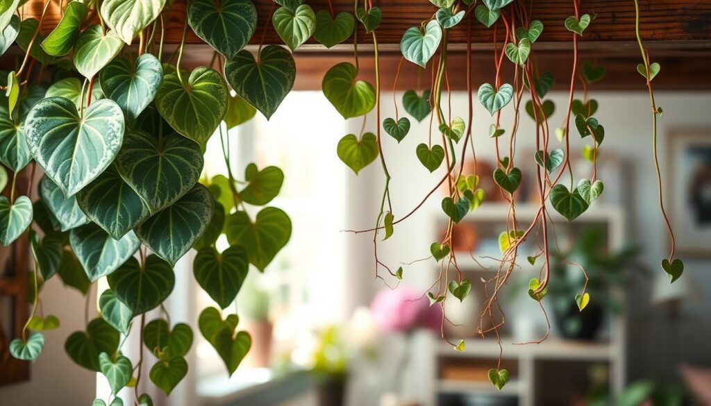 A vibrant Ceropegia woodii plant, known as the "String of Hearts," drapes gracefully over a rustic wooden shelf. In the foreground, lush heart-shaped leaves cascade down in varying shades of deep green and silvery variegation, catching the soft, warm light that spills through a nearby window. The middle ground features delicate, thin stems intertwining, creating a mesmerizing display of nature’s artistry. The background softly blurs, showcasing a sunny, airy room filled with gentle, pastel-toned decor, enhancing the romantic ambiance. The scene is captured with a shallow depth of field, using a macro lens to highlight the intricate details of the leaves and stems, evoking a sense of tranquility and affection, perfect for a Valentine-themed atmosphere. Natural light filters through, casting a serene glow over the entire composition.