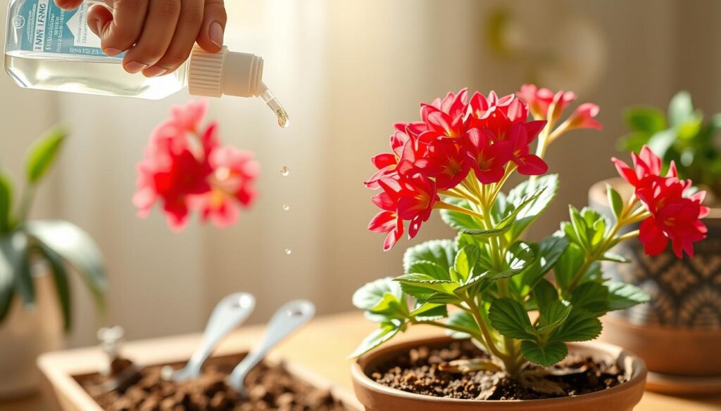 A vibrant Kalanchoe plant in full bloom, its clusters of bright red and pink flowers prominently displayed in the foreground. The plant is being gently fertilized with a liquid fertilizer from a handheld applicator, droplets catching the light. In the middle ground, earthy brown soil is visible, with small gardening tools and a decorative pot enhancing the gardening theme. The background features a softly blurred indoor setting with neutral tones, allowing the Kalanchoe to stand out. Warm, natural lighting floods the scene, simulating a cozy afternoon, evoking a sense of care and nurturing. The focus should be on the plant and the fertilizing process, creating an inviting atmosphere perfect for plant care enthusiasts.