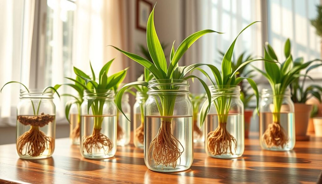 A vibrant and detailed illustration of a Spider Plant propagation guide, featuring several healthy Spider Plant cuttings thriving in clear water-filled glass jars on a wooden table. In the foreground, focus on the roots of the cuttings spreading elegantly into the water, showcasing their growth progress. The middle ground includes a sunny window with soft, natural light filtering through sheer curtains, casting gentle shadows and highlighting the green leaves of the plants. In the background, subtle hints of other houseplants can be seen, adding depth and texture without distraction. The atmosphere should feel warm and inviting, nurturing the idea of easy indoor gardening with a tranquil, flourishing vibe. The overall composition should be rich in color, emphasizing the freshness and vitality of the Spider Plants.
