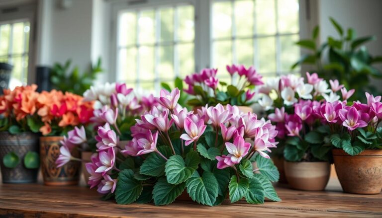 A vibrant arrangement of cyclamen plants in various shades of pink, purple, and white, elegantly displayed on a wooden table. In the foreground, a cluster of cyclamen in full bloom features lush, green heart-shaped leaves. The middle layer includes decorative pots with textured surfaces and natural finishes, enhancing the rustic feel. In the background, soft, diffused sunlight filters through a large window, creating a warm and inviting atmosphere. The scene should have a well-composed perspective, utilizing a shallow depth of field to bring focus to the cyclamen while the background remains softly blurred, evoking a sense of serenity and natural beauty.