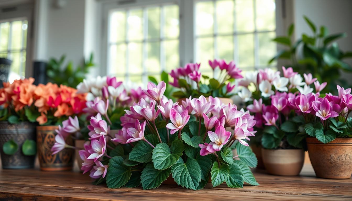 A vibrant arrangement of cyclamen plants in various shades of pink, purple, and white, elegantly displayed on a wooden table. In the foreground, a cluster of cyclamen in full bloom features lush, green heart-shaped leaves. The middle layer includes decorative pots with textured surfaces and natural finishes, enhancing the rustic feel. In the background, soft, diffused sunlight filters through a large window, creating a warm and inviting atmosphere. The scene should have a well-composed perspective, utilizing a shallow depth of field to bring focus to the cyclamen while the background remains softly blurred, evoking a sense of serenity and natural beauty.