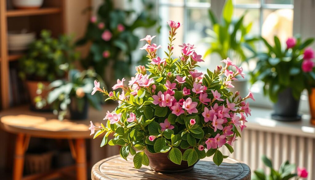 A vibrant display arrangement of Kalanchoe 'Pink Butterflies', featuring clusters of lush green leaves adorned with delicate, butterfly-shaped pink flowers in full bloom. In the foreground, a small, rustic wooden table holds a beautifully curated pot, showcasing varying heights of the plants, with some flowers open wide and others just beginning to bud. The middle ground includes a soft-focus background of a sunlit room, allowing natural daylight to filter through a nearby window, creating warm highlights and gentle shadows that enhance the floral colors. A shallow depth of field emphasizes the intricate textures and colors of the Kalanchoe while providing a serene, cheerful atmosphere, perfect for inviting tranquility and joy into any space.