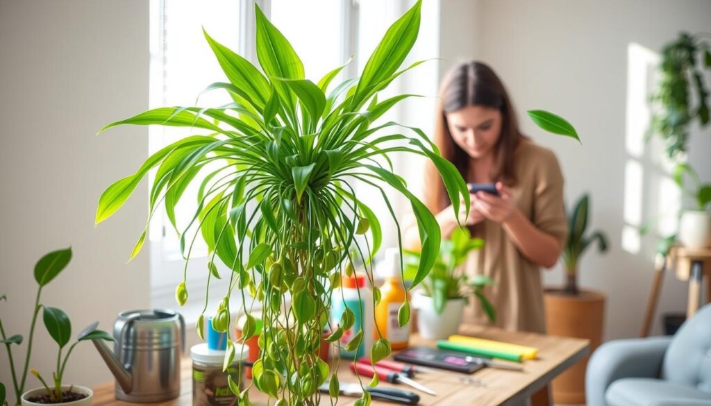 A vibrant indoor setting featuring a healthy Spider Plant with lush green leaves and multiple plantlets cascading down. In the foreground, a person wearing a modest, casual outfit is gently examining the plant, focused on troubleshooting common care issues. The middle ground showcases a wooden table displayed with various gardening tools like a watering can, fertilizer, and pruning shears, alongside brief visual indicators of problems such as brown tips and wilting leaves. The background includes soft, natural lighting filtering through a window, casting gentle shadows and creating a warm, inviting atmosphere. The overall mood is one of nurturing care and attentive growth, illustrating the idea of resolving common problems in Spider Plant care.