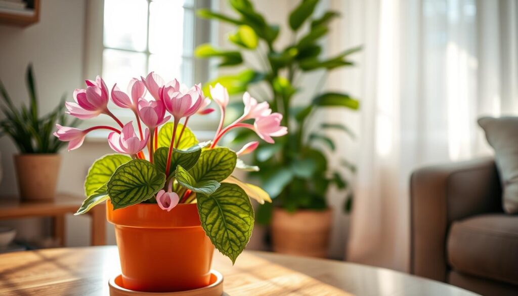 A vibrant indoor setting showcasing a healthy cyclamen plant with beautifully patterned leaves and delicate pink blooms, bathed in soft, diffused natural light. The foreground features the cyclamen in a terracotta pot placed on a stylish wooden table. In the middle, gentle sunlight streams through a nearby window, highlighting the plant's intricate petals and casting soft shadows. The background contains cozy home decor, like a lush green potted plant and a softly textured curtain that filters the light. The atmosphere is warm and inviting, emphasizing the essential light requirements for cyclamen care. The angle is a slightly elevated perspective, capturing both the beauty of the cyclamen and the serene ambiance of the indoor space. A vibrant indoor setting showcasing a healthy cyclamen plant with beautifully patterned leaves and delicate pink blooms, bathed in soft, diffused natural light. The foreground features the cyclamen in a terracotta pot placed on a stylish wooden table. In the middle, gentle sunlight streams through a nearby window, highlighting the plant's intricate petals and casting soft shadows. The background contains cozy home decor, like a lush green potted plant and a softly textured curtain that filters the light. The atmosphere is warm and inviting, emphasizing the essential light requirements for cyclamen care. The angle is a slightly elevated perspective, capturing both the beauty of the cyclamen and the serene ambiance of the indoor space.