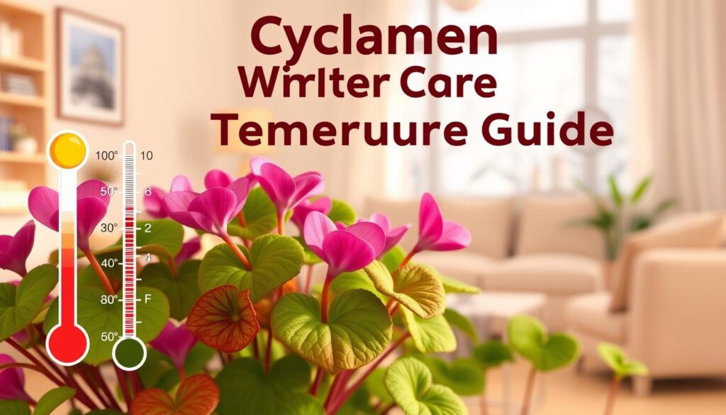 A visually engaging illustration of a "Cyclamen Winter Care Temperature Guide," featuring a close-up of vibrant cyclamen plants with heart-shaped leaves and delicate flowers. In the foreground, display a thermometer showing ideal temperature ranges (10-15°C / 50-60°F) and a simple icon of a sun and snowflake to symbolize light and temperature conditions. In the middle ground, include a cozy indoor setting with soft, diffused lighting, creating a warm atmosphere. The background should depict a living room with a window showing a winter scene outside, casting soft shadows across the plants. The image should evoke a tranquil and caring environment where cyclamen thrive during their dormancy, emphasizing the importance of temperature and light requirements without any text or overlay elements.