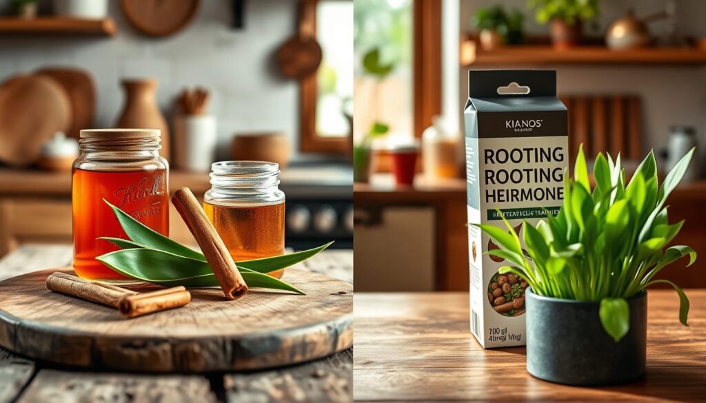 A visually striking comparison image featuring two distinct sections: on the left, a natural rooting hormone setup, showcasing fresh kitchen ingredients like a jar of honey, green aloe vera leaves, and a cinnamon stick arranged artfully on a rustic wooden table. On the right, a commercial rooting hormone displayed in sleek, modern packaging, with a small pot of vibrant green plant cuttings. The background includes soft-focus kitchen elements, warm, natural light filtering through a window, creating a cozy and inviting atmosphere. The scene is shot from a slightly elevated angle, emphasizing the details of both setups while evoking a sense of exploration and creativity in gardening. The mood is friendly and informative, perfect for illustrating the theme of natural versus commercial options.