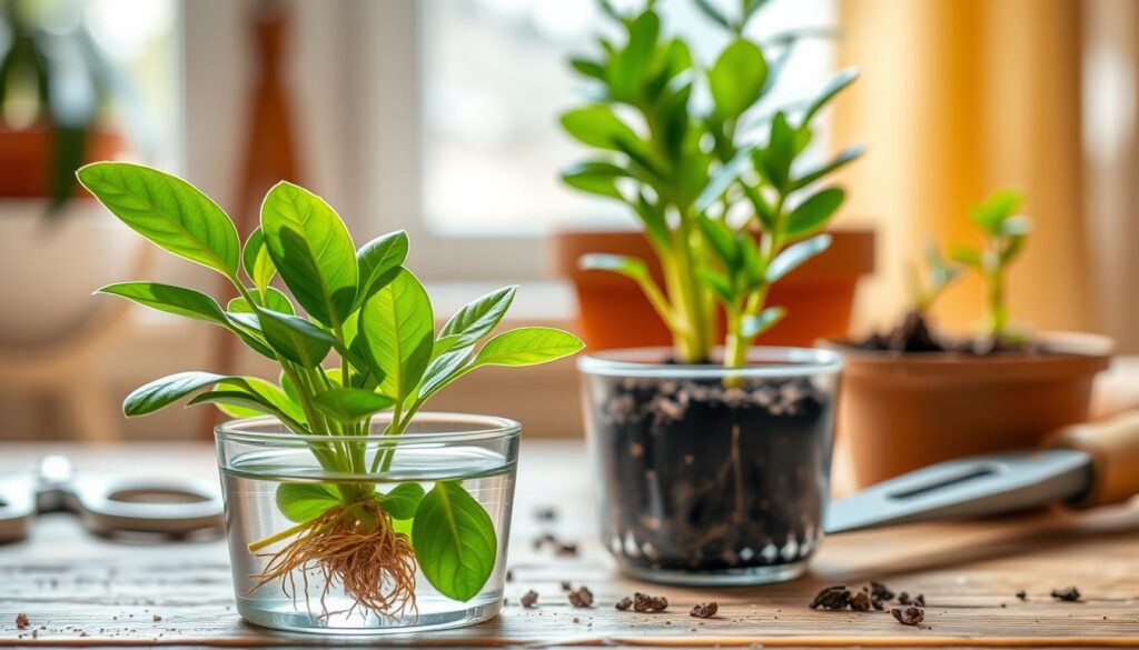 A well-lit, close-up composition showcasing the techniques for propagating Chinese Evergreen plants. In the foreground, display a healthy Chinese Evergreen cutting with vibrant green leaves, placed in a small, clear glass container with water, and roots beginning to develop. In the middle ground, include a pot filled with enriched soil and a few additional cuttings, demonstrating the repotting process. The background should feature soft-focus gardening tools, such as scissors and a trowel, against a warm, natural light that conveys a tranquil indoor gardening atmosphere. The mood should be nurturing and inspiring, inviting viewers to explore the beauty and simplicity of plant propagation. A well-lit, close-up composition showcasing the techniques for propagating Chinese Evergreen plants. In the foreground, display a healthy Chinese Evergreen cutting with vibrant green leaves, placed in a small, clear glass container with water, and roots beginning to develop. In the middle ground, include a pot filled with enriched soil and a few additional cuttings, demonstrating the repotting process. The background should feature soft-focus gardening tools, such as scissors and a trowel, against a warm, natural light that conveys a tranquil indoor gardening atmosphere. The mood should be nurturing and inspiring, inviting viewers to explore the beauty and simplicity of plant propagation.