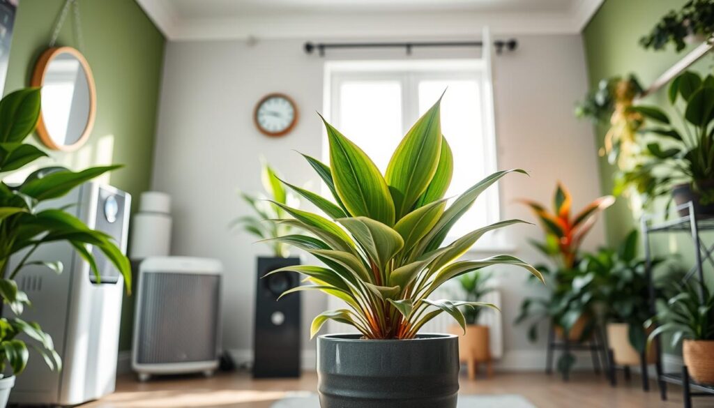 A well-lit indoor space showcasing various indoor air quality improvement strategies, prominently featuring a Dracaena plant in a stylish pot at the forefront. The middle ground includes a high-quality air purifier, a wall-mounted humidity gauge, and an open window with light filtering in, illustrating proper ventilation. In the background, there are green walls adorned with other air-purifying plants like peace lilies and spider plants, emphasizing a fresh, vibrant atmosphere. Soft natural light creates a warm and inviting mood, highlighting the tranquility of the space. The angle is slightly elevated, giving a panoramic view of the room while maintaining a focus on the Dracaena. The overall ambiance is calming and conducive to well-being, communicating the importance of maintaining quality indoor air.