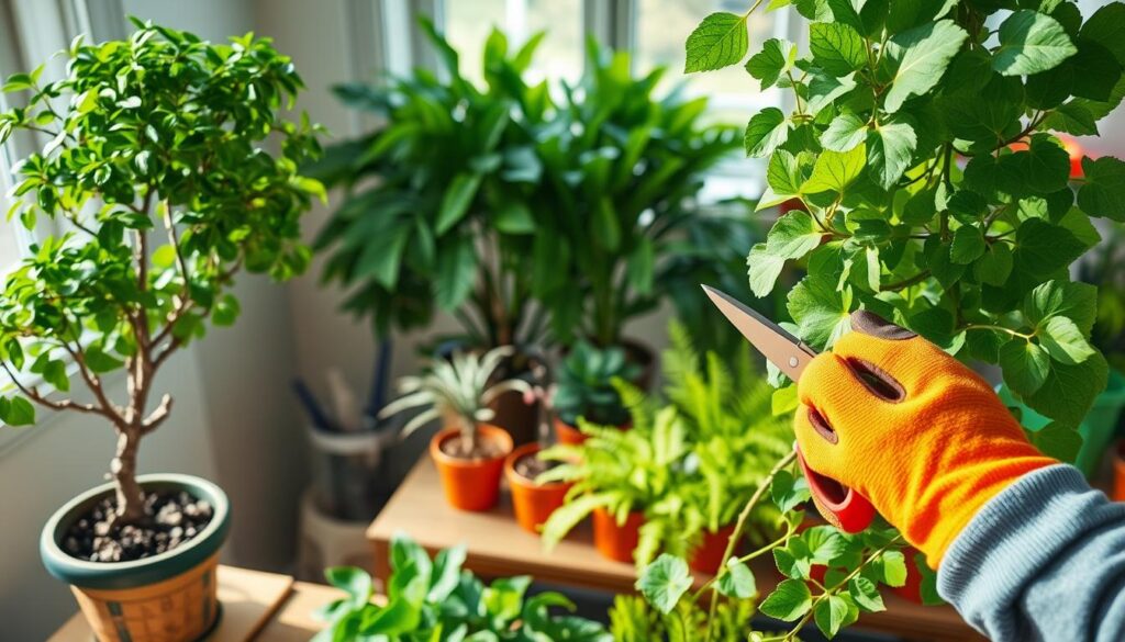 A well-organized indoor gardening scene showcasing various indoor plant pruning techniques. In the foreground, a pair of hands wearing gardening gloves carefully prunes a lush green vine with healthy leaves, using sharp gardening shears. To the left, a small potted tree with a bushy canopy has been partially pruned, illustrating tree care techniques. The middle ground features vibrant pots of different indoor plants, including ferns and pothos, arranged on a wooden table. In the background, a sunlit window casts natural light, enhancing the greenery's freshness. The atmosphere is calm and focused, evoking a sense of care and nurturing for houseplants. The image captures a moment of purposeful gardening, ideal for illustrating techniques relevant to both vines and trees. A well-organized indoor gardening scene showcasing various indoor plant pruning techniques. In the foreground, a pair of hands wearing gardening gloves carefully prunes a lush green vine with healthy leaves, using sharp gardening shears. To the left, a small potted tree with a bushy canopy has been partially pruned, illustrating tree care techniques. The middle ground features vibrant pots of different indoor plants, including ferns and pothos, arranged on a wooden table. In the background, a sunlit window casts natural light, enhancing the greenery's freshness. The atmosphere is calm and focused, evoking a sense of care and nurturing for houseplants. The image captures a moment of purposeful gardening, ideal for illustrating techniques relevant to both vines and trees.