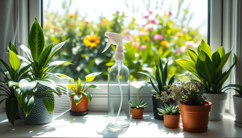 A bright and serene indoor garden scene showcasing various houseplants strategically placed on a sunlit windowsill. In the foreground, a variety of healthy plants such as spider plants, peace lilies, and succulents are adorned with protective barriers made from natural materials, like fine mesh and diatomaceous earth. In the middle, a gentle spray bottle is prominently displayed, filled with a natural pesticide demonstrating an effective pest prevention strategy. The background features a blurred view of a vibrant green garden outside with colorful flowers under a clear blue sky, enhancing the spring atmosphere. Soft natural lighting highlights the freshness of the plants, creating a peaceful, optimistic mood that embodies a proactive approach to pest prevention. The perspective is slightly angled, giving a dynamic view that invites the viewer into this lush, pest-free sanctuary.