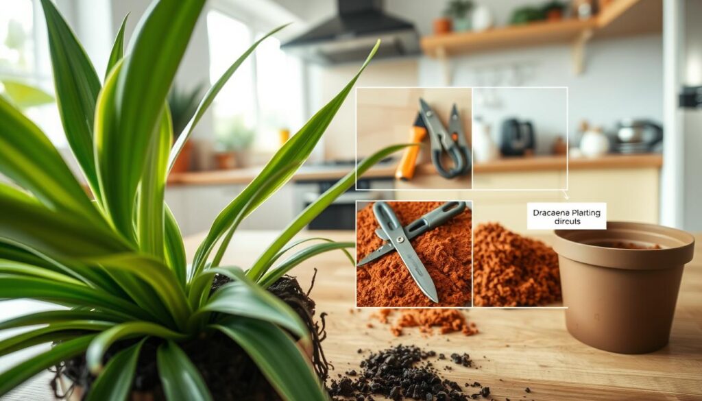 A close-up, step-by-step visual guide to repotting a Dracaena plant. In the foreground, showcase a healthy Dracaena plant with green, lance-shaped leaves, partially removed from its old pot, with rich, dark soil spilling out. The middle layer highlights tools such as a small trowel, pruning shears, and a fresh pot alongside vibrant potting soil, illustrating the preparation process. In the background, a softly blurred kitchen setting with natural light streaming through a window, enhancing a warm, inviting atmosphere. The angle is slightly top-down, focusing on the repotting action, making it look clear and educational. Ensure no text, signs, or distractions interfere with the scene.
