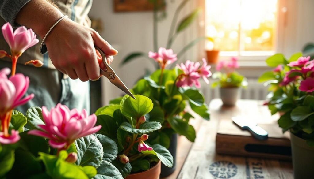 A close-up view of a gardener's hands delicately pruned Cyclamen plants inside a bright, well-lit indoor setting. The foreground features lush Cyclamen leaves and vibrant pink flowers, some of which have faded or wilted, ready for deadheading. The gardener, wearing modest casual clothing, carefully uses pruning shears to remove spent blooms while maintaining a gentle touch. In the middle ground, well-organized gardening tools and a small pot of healthy Cyclamen plants sit on a rustic wooden table. The background showcases a sunlit window allowing soft, diffused natural light to illuminate the scene, creating a warm and inviting atmosphere. The image conveys a sense of care, nurturing, and expertise in plant maintenance for continuous blooms.