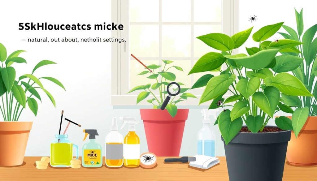A detailed illustration of various spider mite control methods for houseplants, featuring a vibrant indoor plant setting. In the foreground, showcase a healthy potted plant with visible spider mites being treated with natural solutions like neem oil and insecticidal soap, depicted in small spray bottles next to the plant. In the middle, display an unoccupied plant care station with tools such as a magnifying glass, cotton swabs, and gloves, emphasizing a hands-on approach to pest control. The background should feature a sunlit window with soft, diffused natural light illuminating the scene, creating an inviting and peaceful atmosphere. The composition should focus on educating viewers about natural methods while showcasing the beauty of houseplants, with a balanced and serene feel.
