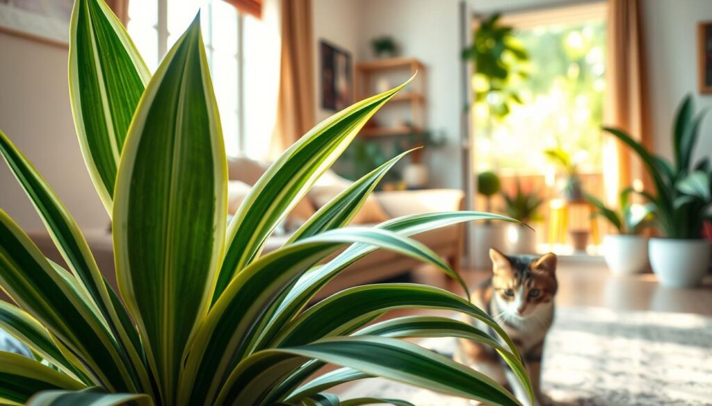 A vibrant depiction of a Dracaena Warneckii plant, showcasing its striking striped green and white leaves, positioned prominently in the foreground. A curious cat sits nearby, gently inspecting the plant, capturing the essence of pet safety concerns regarding houseplants. In the middle ground, a cozy living room setting is visible, with soft, natural light streaming through a window, casting gentle shadows that enhance the serene atmosphere. The background features a warm, inviting decor with potted plants and a subtle hint of a garden visible outside. The scene conveys a harmonious coexistence of pets and botanical beauty, highlighting the importance of choosing safe plants. The overall mood is calm and positive, encouraging a safe environment for both pets and greenery. A vibrant depiction of a Dracaena Warneckii plant, showcasing its striking striped green and white leaves, positioned prominently in the foreground. A curious cat sits nearby, gently inspecting the plant, capturing the essence of pet safety concerns regarding houseplants. In the middle ground, a cozy living room setting is visible, with soft, natural light streaming through a window, casting gentle shadows that enhance the serene atmosphere. The background features a warm, inviting decor with potted plants and a subtle hint of a garden visible outside. The scene conveys a harmonious coexistence of pets and botanical beauty, highlighting the importance of choosing safe plants. The overall mood is calm and positive, encouraging a safe environment for both pets and greenery.
