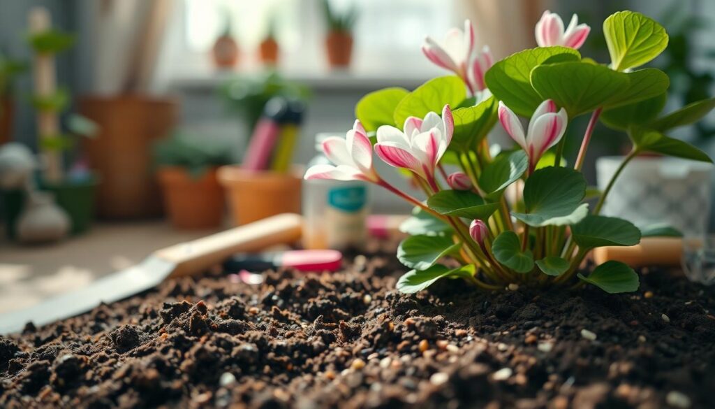 A vibrant, detailed scene of a Cyclamen plant thriving in rich soil, highlighting its unique heart-shaped leaves and delicate flowers in shades of pink and white. In the foreground, a close-up of the soil texture shows a mixture of potting soil and organic fertilizer, with small granules visible. The middle ground features gardening tools like a trowel and a measuring cup alongside some natural fertilizer options, creatively arranged. The background softly blurs to reveal a cozy indoor space with diffused natural light coming through a window, casting gentle shadows. The overall atmosphere is warm and inviting, suggesting a nurturing environment for plant growth, focusing on the soil and fertilization aspects essential for healthy Cyclamen care.