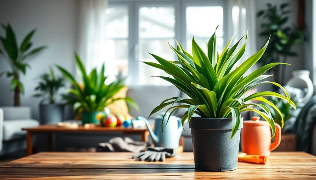 A vibrant living space featuring a freshly repotted Dracaena plant placed on a wooden table in the foreground, showcasing its lush, green leaves. The middle ground includes an assortment of gardening tools like gloves and a watering can, suggesting post-repotting care. In the background, soft, diffused natural light filters through a large window, casting gentle shadows and creating a serene atmosphere. The scene is captured from a slightly elevated angle, allowing a clear view of the Dracaena's healthy foliage and the arranged gardening tools. The overall mood is calming and nurturing, emphasizing the importance of proper aftercare for the plant's growth and well-being.