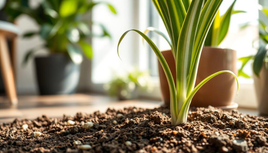 Foreground: A close-up view of rich, well-draining potting soil, showcasing its texture with small pebbles and organic matter, emphasizing its moisture retention capabilities. A few Dracaena Warneckii roots are peeking through the soil, demonstrating healthy growth. Middle: A healthy Dracaena Warneckii plant, with its striking green and white striped leaves, standing upright in a stylish pot. The leaves arch elegantly, catching soft, natural light that highlights their vibrant colors and variety in shades. Background: A softly blurred indoor plant care setting, with a hint of sunlight streaming through a nearby window, creating a warm and inviting atmosphere. Greenery from other plants can be faintly seen in the background, enhancing the lush environment without distraction. Lighting: Soft, diffused natural light to create a serene and healthy ambiance. Angle: A slightly elevated perspective to capture both soil and plant details. Foreground: A close-up view of rich, well-draining potting soil, showcasing its texture with small pebbles and organic matter, emphasizing its moisture retention capabilities. A few Dracaena Warneckii roots are peeking through the soil, demonstrating healthy growth. Middle: A healthy Dracaena Warneckii plant, with its striking green and white striped leaves, standing upright in a stylish pot. The leaves arch elegantly, catching soft, natural light that highlights their vibrant colors and variety in shades. Background: A softly blurred indoor plant care setting, with a hint of sunlight streaming through a nearby window, creating a warm and inviting atmosphere. Greenery from other plants can be faintly seen in the background, enhancing the lush environment without distraction. Lighting: Soft, diffused natural light to create a serene and healthy ambiance. Angle: A slightly elevated perspective to capture both soil and plant details.