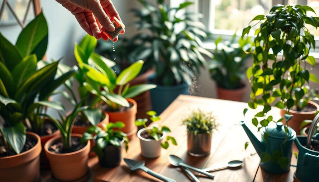 A beautifully arranged indoor potting space, showcasing a vibrant selection of healthy houseplants in diverse pots: a tall snake plant, a flourishing peace lily, and a dense pothos trailing elegantly. In the foreground, a hand gently holds a small container of organic fertilizer, with a sprinkling motion captured mid-air above the plants. The middle ground features a wooden table scattered with gardening tools: a trowel, watering can, and measuring spoons, all bathed in warm, natural daylight pouring in from a nearby window. In the background, softly blurred greenery enhances the tranquility of the scene. The atmosphere is inviting and educational, conveying a sense of care and nurturing for plant growth, perfect for a fertilization guide. A beautifully arranged indoor potting space, showcasing a vibrant selection of healthy houseplants in diverse pots: a tall snake plant, a flourishing peace lily, and a dense pothos trailing elegantly. In the foreground, a hand gently holds a small container of organic fertilizer, with a sprinkling motion captured mid-air above the plants. The middle ground features a wooden table scattered with gardening tools: a trowel, watering can, and measuring spoons, all bathed in warm, natural daylight pouring in from a nearby window. In the background, softly blurred greenery enhances the tranquility of the scene. The atmosphere is inviting and educational, conveying a sense of care and nurturing for plant growth, perfect for a fertilization guide.