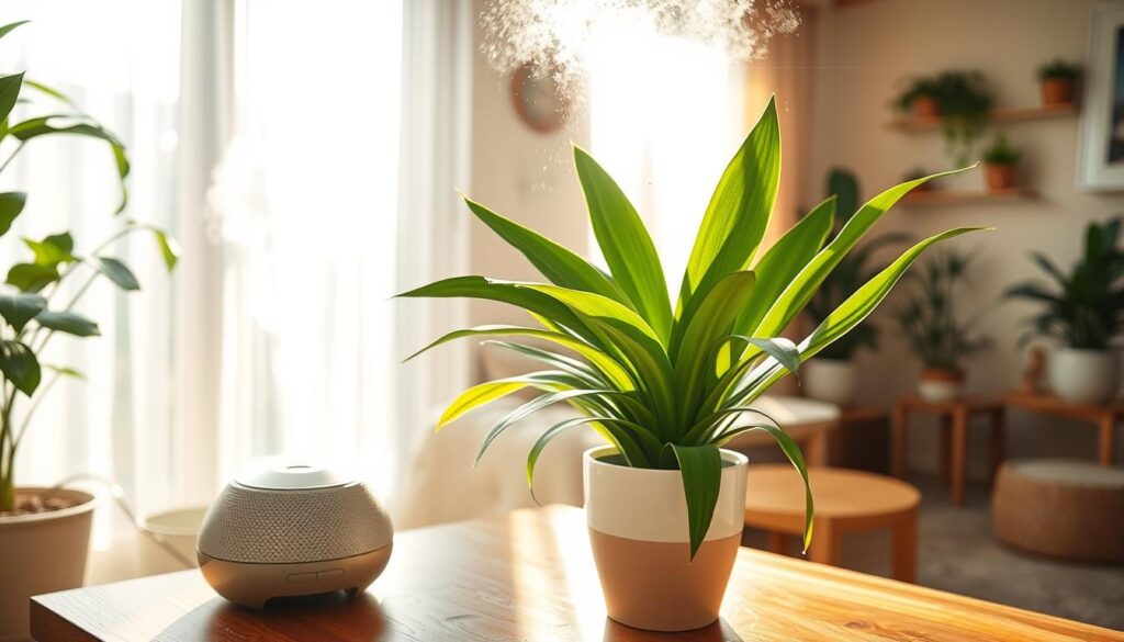 A bright, sunlit indoor setting showcasing a lush dracaena plant, prominently placed in a stylish pot on a wooden table. In the foreground, droplets of water glisten on the leaves, suggesting recent humidity management, while a small humidifier emits a gentle mist nearby. The middle ground features a window with sheer curtains allowing soft natural light to filter through, highlighting the vibrant green hues of the plant. In the background, a cozy, inviting living room is adorned with other houseplants and decor, creating a serene atmosphere. The overall mood is refreshing and tranquil, emphasizing the importance of humidity for plant health during the summer months. The composition should be captured with a warm color palette and soft focus to enhance the peaceful ambiance.