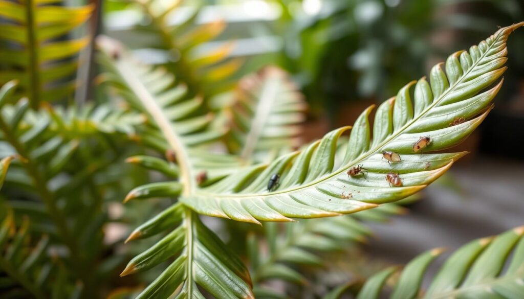 A close-up composition showcasing bird's nest fern leaves displaying various problems, such as yellowing fronds, brown tips, and signs of pests. In the foreground, highlight a healthy leaf contrasting with the affected ones, displaying vibrant green hues and crisp texture. The middle layer features a couple of small insect pests like aphids on a leaf, indicating issues growers may face. In the background, softly blurred, depict a lush room setting with filtered sunlight streaming in, enhancing the organic feel. Use soft, natural lighting to create a calm atmosphere. Aim for a macro lens effect to capture the intricate details of the fern's texture and condition, creating an informative yet serene visual representation.