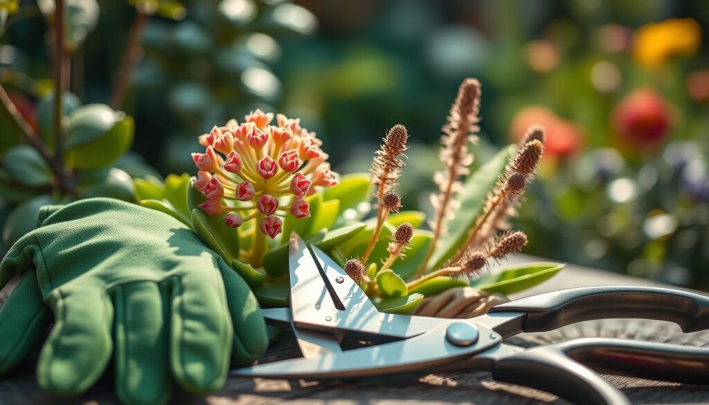 A close-up of a Kalanchoe plant surrounded by gardening tools, illustrating the process of pruning after flowering. In the foreground, a pair of green gardening gloves rests beside shears, glistening with dew droplets. The middle ground features the vibrant Kalanchoe with clusters of spent blooms and long, dried flower stalks, some of which have been neatly trimmed away, showcasing fresh green leaves that indicate new growth potential. Soft, natural light filters through the scene, casting gentle shadows and highlighting the textures of the plant and tools. In the background, a blurred garden setting with soft greenery gives a tranquil atmosphere, suggesting a perfect day for gardening. The overall mood is calm and nurturing, intended to inspire and educate about plant care. A close-up of a Kalanchoe plant surrounded by gardening tools, illustrating the process of pruning after flowering. In the foreground, a pair of green gardening gloves rests beside shears, glistening with dew droplets. The middle ground features the vibrant Kalanchoe with clusters of spent blooms and long, dried flower stalks, some of which have been neatly trimmed away, showcasing fresh green leaves that indicate new growth potential. Soft, natural light filters through the scene, casting gentle shadows and highlighting the textures of the plant and tools. In the background, a blurred garden setting with soft greenery gives a tranquil atmosphere, suggesting a perfect day for gardening. The overall mood is calm and nurturing, intended to inspire and educate about plant care.