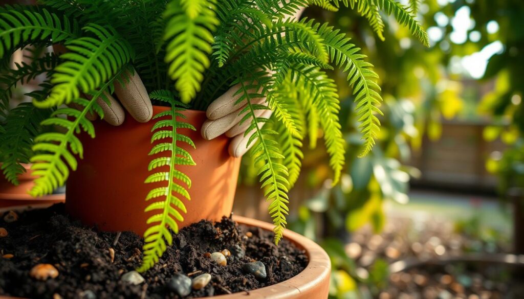 A close-up view of a bird's nest fern being carefully repotted into a larger terracotta container. In the foreground, the lush, vibrant green fronds of the fern arch gracefully, showcasing their unique textures. Surrounding the base of the plant are rich, dark potting soil and small, scattered pebbles for aeration. In the middle ground, a pair of hands, dressed in modest gardening gloves, gently holds the fern, guiding its roots into the new pot. The background is a soft-focus garden scene with gentle sunlight filtering through leaves, creating a serene and inviting atmosphere. The lighting is warm and natural, enhancing the rich greens and browns of the scene. The composition is inviting, evoking a sense of care and nurturing in plant maintenance.
