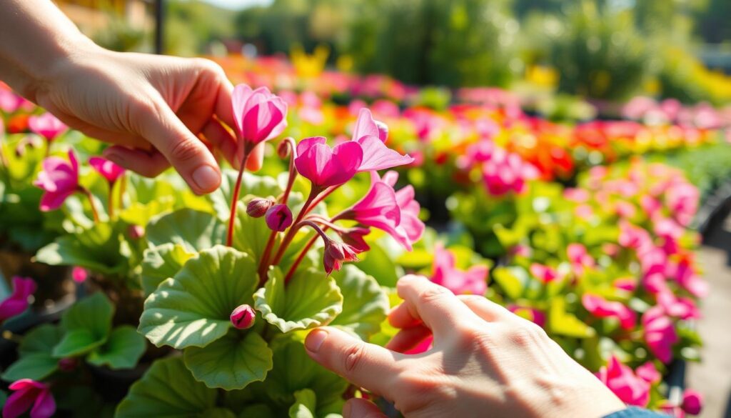 A close-up view of a gardener carefully deadheading a vibrant cyclamen plant in full bloom, showcasing the technique of removing faded flowers to promote new growth. In the foreground, the gardener's hands are gently pinching the base of a spent bloom, with soft green leaves and rich pink flowers in focus. The middle ground features various cyclamen plants arranged harmoniously in a sunny garden. The background reveals a blurred landscape of vibrant foliage, highlighting the natural habitat. The ambiance is bright and cheerful, with sunlight filtering through the leaves, creating a warm glow. The shot is taken with a shallow depth of field for an intimate, instructional feel, perfect for illustrating care techniques.