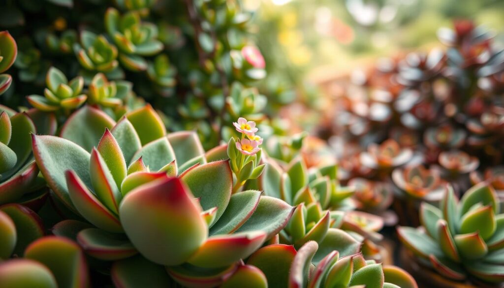 A close-up view of a lush, green Kalanchoe porphyrocalyx succulent, showcasing its unique vining habit with thick, fleshy leaves that have a distinctive reddish edge. In the foreground, highlight the intricate texture of the succulent's leaves, emphasizing the rich green color and subtle sheen. The middle layer features a few delicate, small flowers atop the vines, creating a vibrant contrast with their bright pink and yellow hues. The background should include a softly blurred array of other vining succulents in a naturalistic setting, hinting at a serene garden atmosphere. Use soft, diffused natural lighting to create a warm and inviting mood, while capturing the scene from a low angle to give a sense of intimacy and connection to the plant's care requirements.