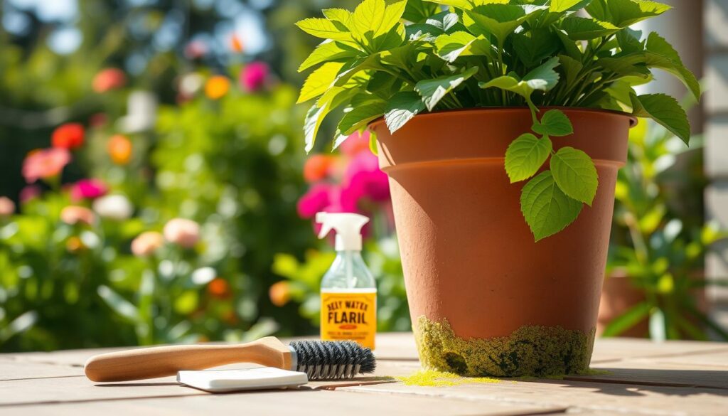 A close-up view of a vibrant self-watering pot system, placed on a patio during a sunlit summer day. The foreground features a healthy green plant showing signs of overwatering with a bit of algae developing around the pot's base. In the middle, an assortment of gardening tools, including a small brush and a cleaning solution, rests beside the pot, illustrating the troubleshooting process. The background presents a sunny garden, with colorful flowers and the soft blur of lush greenery, creating a warm and inviting atmosphere. The lighting is bright and natural, emphasizing the contrast between the healthy plant and the small algae patches, with a shallow depth of field focusing on the pot and tools.