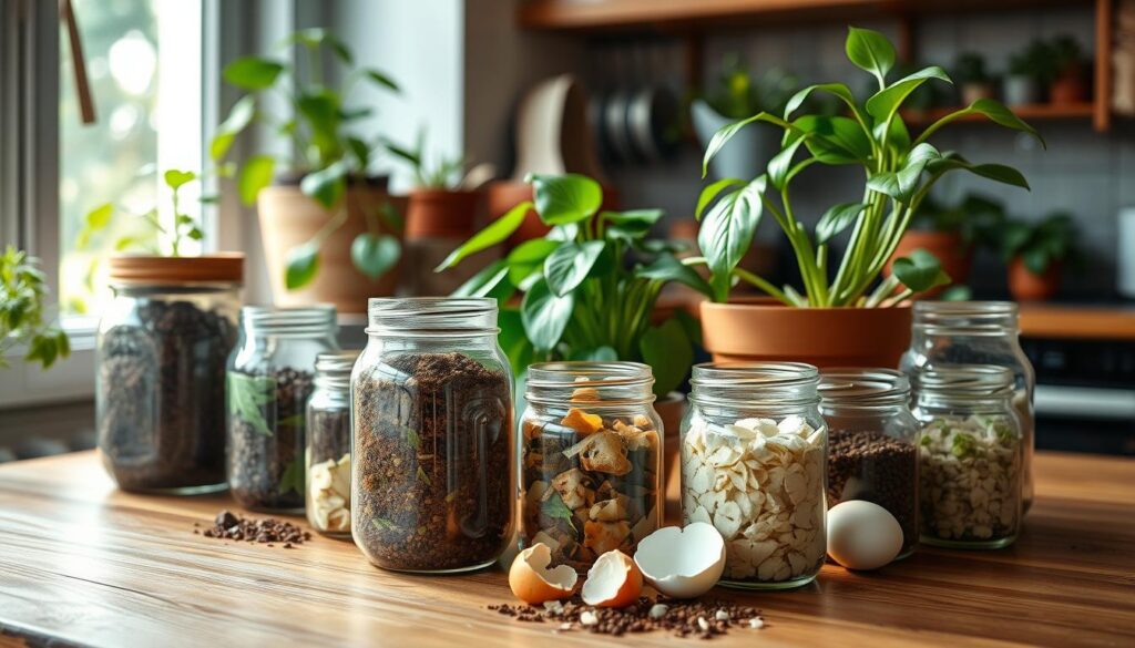 A cozy indoor kitchen scene featuring a wooden table with various homemade natural fertilizers for indoor plants. In the foreground, showcase jars filled with compost, banana peels, coffee grounds, and eggshells, with earthy textures and vibrant colors. The middle ground includes potted indoor plants, such as a fiddle leaf fig and pothos, thriving in the natural light streaming through a nearby window. The background displays soft focus of kitchen utensils and herbs growing on a windowsill, adding a touch of life to the setting. Create a warm atmosphere with soft, natural lighting, capturing the essence of sustainability and care for indoor greens, with a shallow depth of field to emphasize foreground details. A cozy indoor kitchen scene featuring a wooden table with various homemade natural fertilizers for indoor plants. In the foreground, showcase jars filled with compost, banana peels, coffee grounds, and eggshells, with earthy textures and vibrant colors. The middle ground includes potted indoor plants, such as a fiddle leaf fig and pothos, thriving in the natural light streaming through a nearby window. The background displays soft focus of kitchen utensils and herbs growing on a windowsill, adding a touch of life to the setting. Create a warm atmosphere with soft, natural lighting, capturing the essence of sustainability and care for indoor greens, with a shallow depth of field to emphasize foreground details.