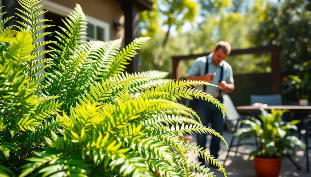 A lush Boston fern displayed prominently in the foreground, showcasing its vibrant green fronds with intricate details, glistening in soft sunlight. Surrounding the fern are discernible signs of common pests, such as tiny aphids and spider mites, hinting at pest control methods being applied. In the middle ground, a professional gardener in modest casual clothing carefully examines the fern, tools in hand, demonstrating outdoor plant care. The background features a serene patio setting with muted colors, emphasizing a tranquil outdoor atmosphere, complemented by dappled sunlight filtering through nearby trees. The overall mood is a mix of nurturing care and attention to detail in maintaining the health of outdoor Boston ferns. The image should be bright and inviting, reflecting a peaceful garden environment.