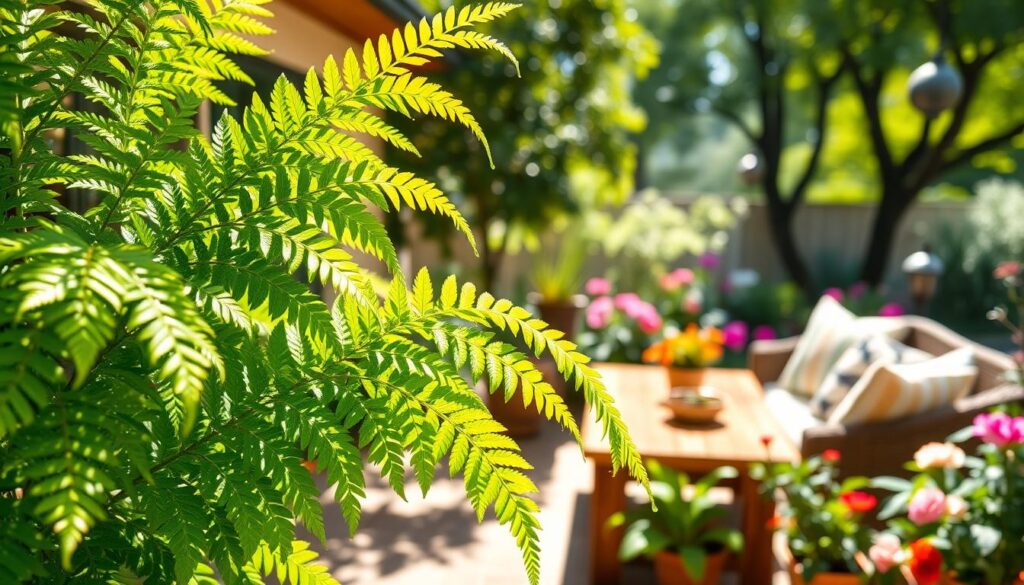A lush Boston fern thriving in a beautiful outdoor patio setting, showcasing its vibrant green fronds cascading elegantly. In the foreground, the fern is highlighted, glistening softly in natural sunlight, with droplets of moisture clinging to the leaves, emphasizing the humidity they require. In the middle ground, a cozy seating area with a rustic wooden table and comfortable cushions creates an inviting atmosphere, surrounded by assorted flowering plants that complement the fern's lushness. The background features a sun-dappled garden with gentle shadows from nearby trees, creating a serene and warm mood. The lighting is soft and diffuse, reminiscent of a bright, humid summer day, bringing out the rich colors and textures of the plants. The image captures the essence of temperature and humidity management for thriving Boston ferns in an outdoor setting.