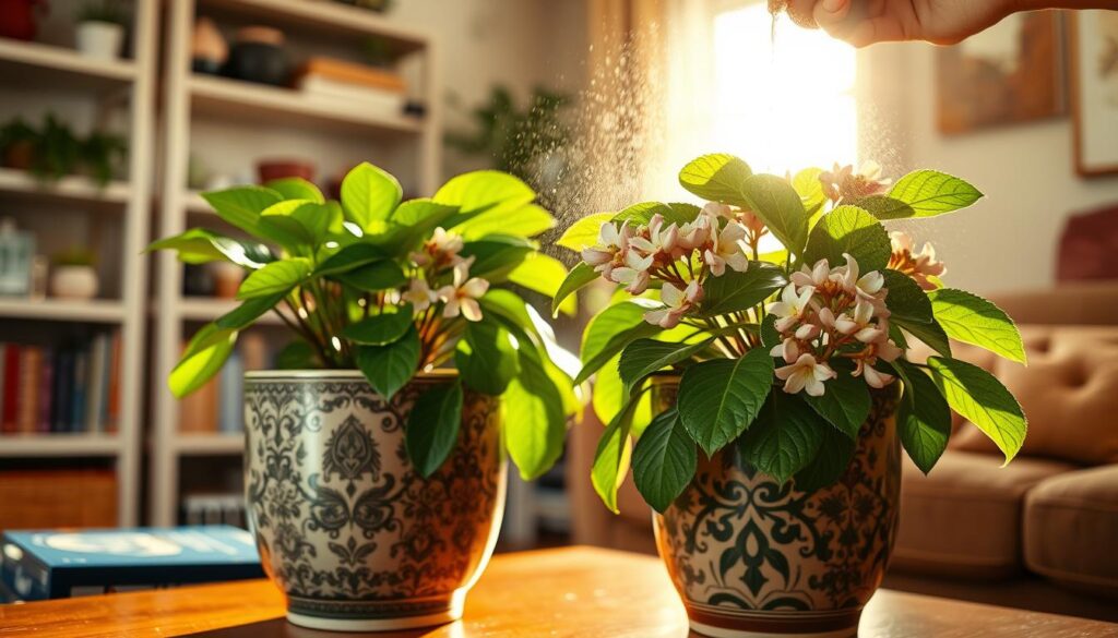 A lush indoor setting featuring a thriving Hoya plant, with vibrant green leaves and clusters of delicate, waxy flowers, symbolizing summer blooming. In the foreground, a stylish decorative pot adorned with intricate patterns, sitting on a wooden table. The middle layer showcases the Hoya plant being gently misted with water, capturing the importance of humidity care. Soft sunlight streams through a nearby window, casting warm rays that illuminate the scene, creating a serene and inviting atmosphere. The background includes blurred out elements of a cozy living space, such as shelves with botanical books and an accent wall with earthy tones, enhancing the overall mood of tranquility and well-being.