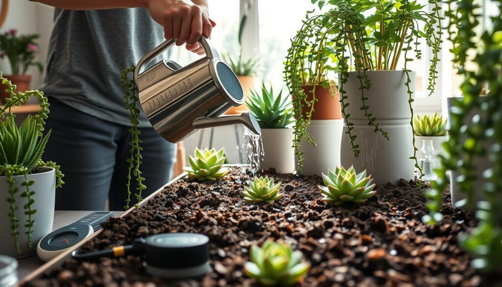 A serene indoor gardening scene showcasing various trailing succulents, including the rare Kalanchoe Porphyrocalyx, elegantly cascading from stylish planters. In the foreground, a person in modest casual attire is gently watering the plants using a sleek watering can, demonstrating proper watering techniques. The middle ground features rich, textured soil with visible moisture, alongside tools like a moisture meter and a spray bottle. The background is softly blurred, showing a bright, sunny window with gentle natural light illuminating the scene, enhancing the freshness of the plants. The atmosphere is calm and inviting, emphasizing a nurturing approach to succulent care, with a focus on soil moisture and plant health.
