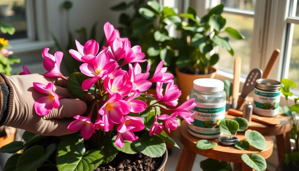 A vibrant, close-up view of a thriving cyclamen plant in full bloom, showcasing its striking pink and white flowers with heart-shaped green leaves. In the foreground, a hand in professional gardening gloves is gently applying a balanced fertilizer to the soil around the cyclamen, emphasizing the act of care and nurturing. The middle ground features a small wooden garden table displaying various gardening tools and a canister of plant food, highlighting the importance of proper fertilization. In the background, a sunlit window creates a warm, inviting atmosphere, casting soft shadows and enhancing the lush greenery. The overall mood is encouraging and informative, illustrating the concept of nurturing plants for prolonged blooms. Natural lighting emphasizes the vibrant colors of the flowers and lush leaves, creating a delightful gardening scene.