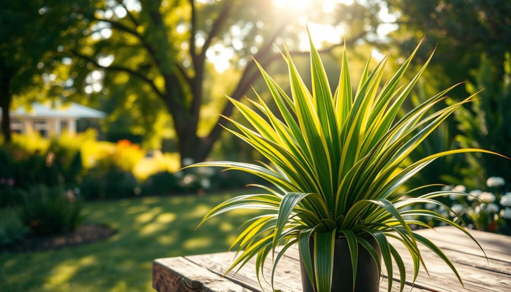 A vibrant outdoor scene featuring a lush dracaena plant prominently placed at the forefront, showcasing its striking elongated leaves in shades of green and yellow. The plant is positioned on a rustic wooden table surrounded by a calming garden, capturing the essence of summer. In the middle ground, gentle sunlight filters through lush trees, casting dappled light patterns on the ground, enhancing the tranquil atmosphere. The background includes soft, blurred hues of other garden plants and flowers, creating depth. The angle is slightly elevated, giving a clear perspective of the dracaena's healthy stature under the summer sun. The overall mood is serene and inviting, suggesting an ideal environment for plant care and growth.