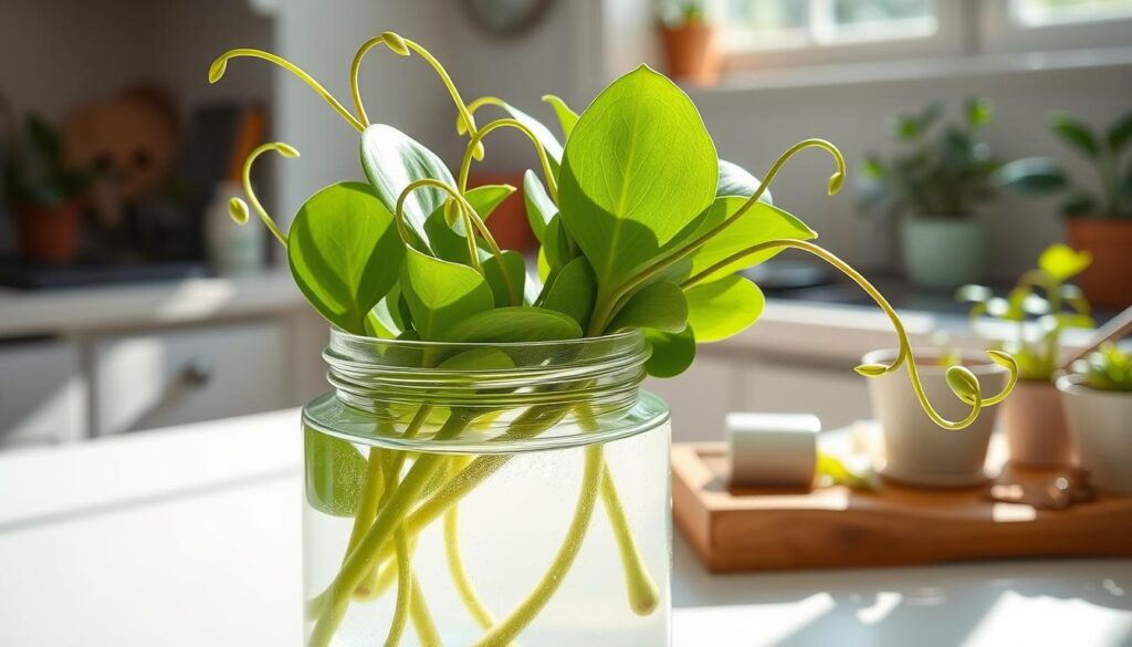Hoya cuttings in a clear glass jar filled with fresh water, showcasing their waxy green leaves and delicate tendrils. The cuttings are placed at different angles, some leaning gracefully against the jar's sides, while others float halfway submerged, allowing for a beautiful view of their stem nodes. Sunlight filters through a nearby window, casting soft, dappled reflections on the water's surface, enhancing the serene atmosphere. In the background, a light, airy kitchen counter is tastefully decorated with gardening tools and a few potted plants, suggesting a nurturing environment. The image is bright and inviting, capturing the essence of summer propagation while conveying a sense of tranquility and nature's beauty.