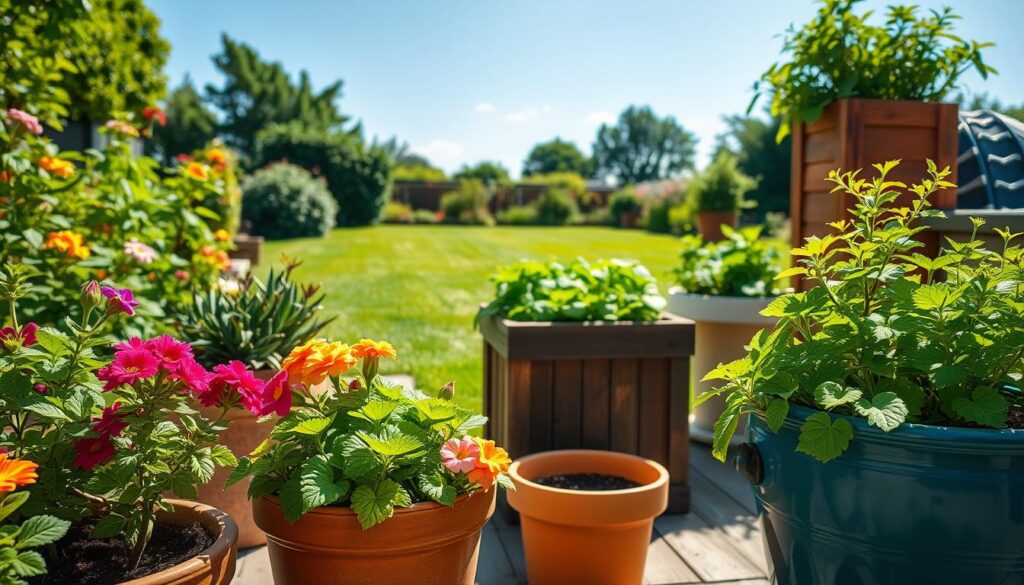 Lush summer garden scene featuring a variety of colorful outdoor planters equipped with self-watering systems. In the foreground, vibrant flowering plants in ceramic and wooden planters display their healthy foliage, with visible watering tubes subtly integrated into the design. The middle ground showcases a well-maintained garden path leading to larger planters filled with herbs and vegetables, emphasizing the practical use of self-watering systems. In the background, a sun-drenched lawn under a clear blue sky highlights the serene atmosphere of a summer day. Soft, diffused sunlight casts gentle shadows, creating an inviting and refreshing ambiance. The entire composition evokes a sense of tranquility and sustainable gardening practices.